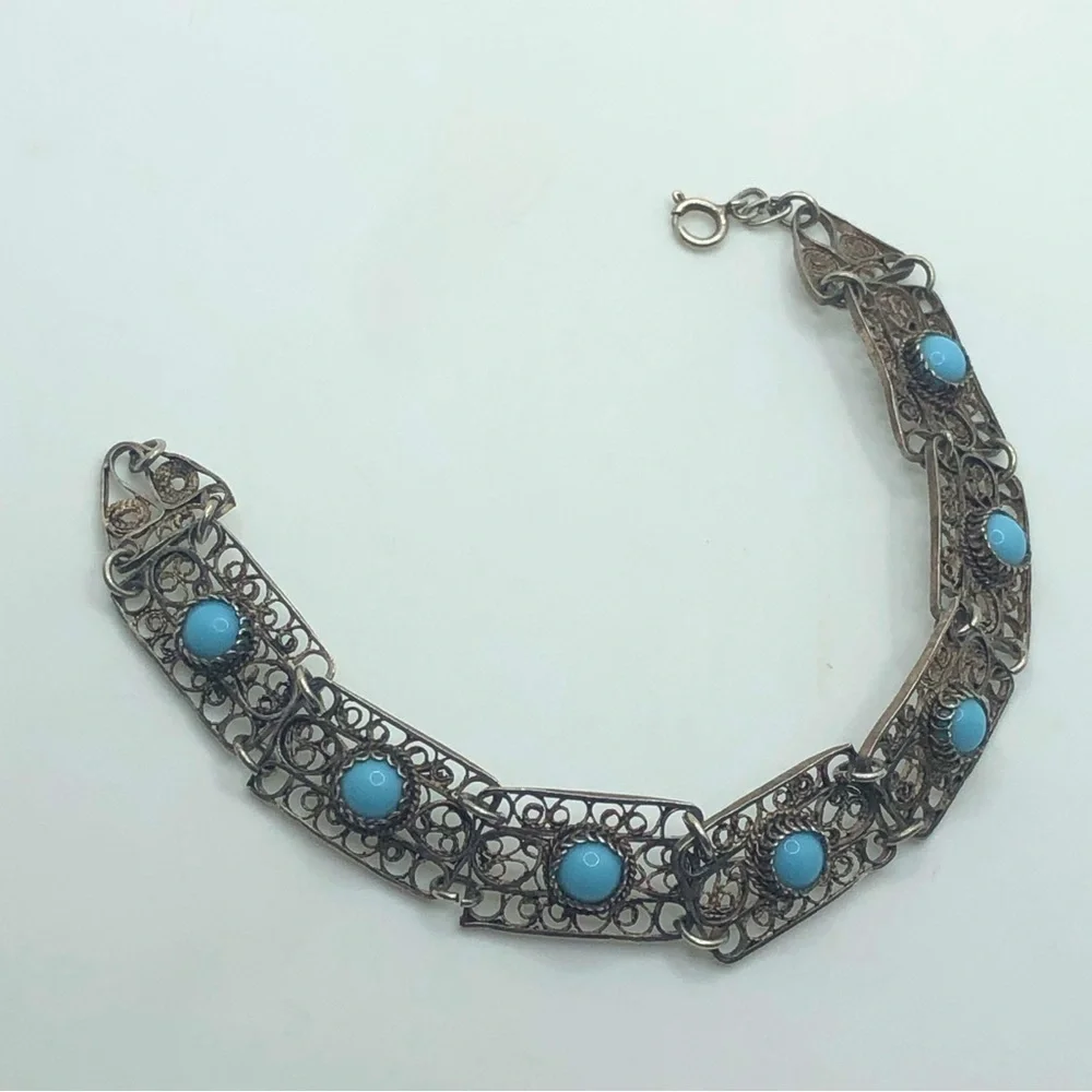 Vtg Sterling Turquoise Cabochon Filigree Panel Link Bracelet 8” - Picture 2 of 8